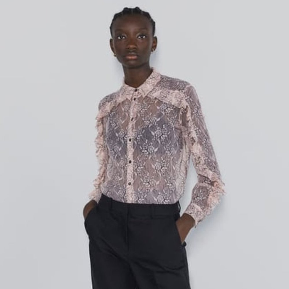 NWT Zara Pastel Pink Delicate Ruffle Lace Blouse